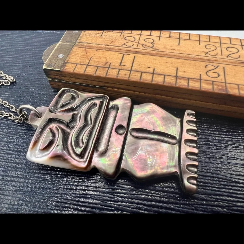 Vintage reversible carved mother of pearl tiki pendant tribal unique 18”